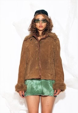 Vintage Y2K Fur Collar Leather Coat in Brown