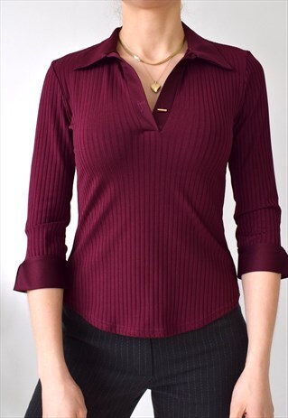 VINTAGE 90S Y2K FITTED SHIRT TOP RIBBED CURVED HEM