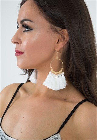 WHITE HOOP TASSEL EARRINGS