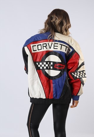 LEATHER BOMBER JACKET RACING CORVETTE UK 16 - 18 (O1W)