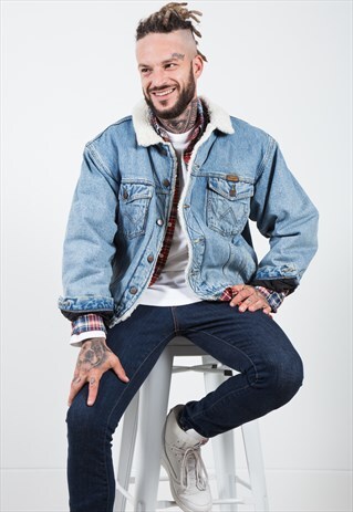 VINTAGE 80S WRANGLER TRUCKER SHEEPSKIN DENIM JACKET / 0255