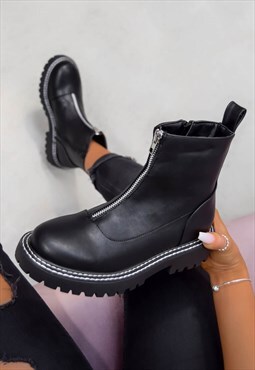 Zip Front Ankle Boots - Black PU
