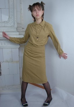 Vintage 80's Light Cream Brown Blouse Skirt Indie Suit Set 