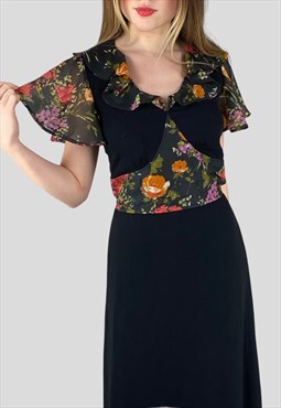Vintage 70's Black Floral Ladies Maxi Dress Fluted Sleeve
