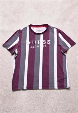 Guess Red Grey Striped Embroidered T Shirt