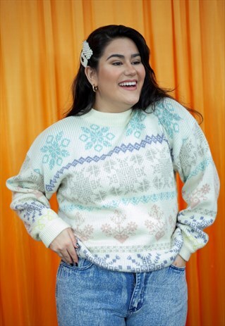 VINTAGE 80S JUMPER CREAM BLUE PURPLE PINK STRIPED FAIR ISLE