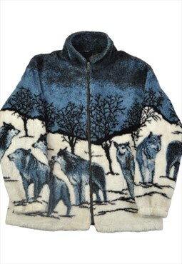 Vintage Fleece Jacket Retro Wolf Print Ladies Medium