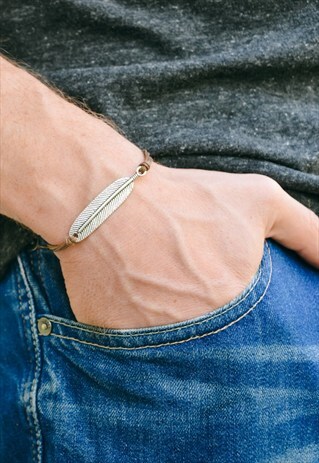 MEN'S BRACELET, SILVER FEATHER CHARM, BROWN CORD, FOR HIM