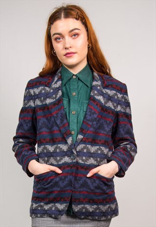 VINTAGE 90'S MULTICOLOUR AZTEC STRIPED PATTERN BLAZER JACKET
