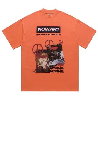Peace t-shirt hippie print tee ant war slogan top in orange