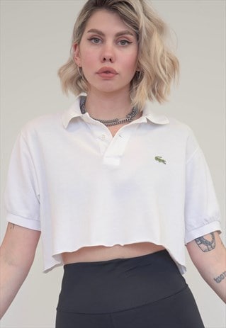 VINTAGE REWORKED LACOSTE CROP TOP POLO SHIRT IN WHITE