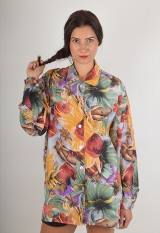 VINTAGE SILK SHIRT FESTIVAL PRINT WITH FISHES SIZE M (952)