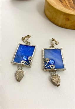 1990's Silver & Blue Glass Clip On Drop Earrings