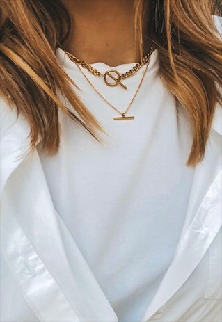 T-BAR CIRCLE CHAIN NECKLACE LAYERING SET IN GOLD