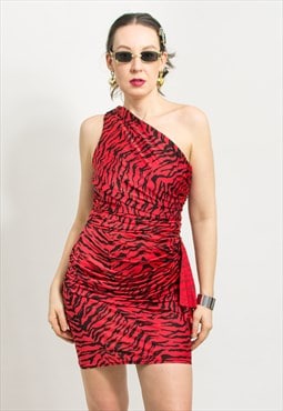 Vintage mini bodycon dress in red black tiger pattern fitted