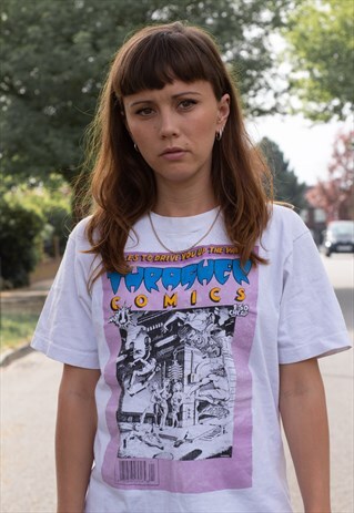 VINTAGE 90'S THRASHER COMICS T SHIRT IN WHITE AND PURPLE