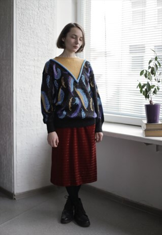 VINTAGE80'S MULTICOLOUR PATTERNED COLOUR BLOCK GLOSSY JUMPER