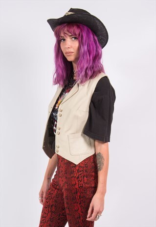 VINTAGE 90'S BEIGE LEATHER WAISTCOAT