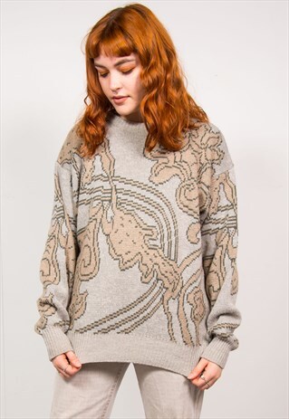 VINTAGE 90'S GREY FLORAL PATTERN OVERSIZED KNIT JUMPER