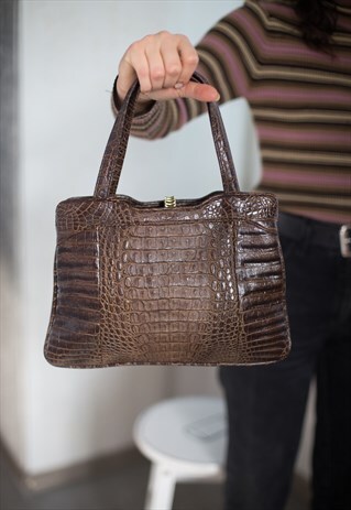 VINTAGE 60'S BROWN CROCODILE SKIN LOOKS BAG