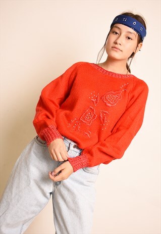 VINTAGE 80'S RETRO BEADED EMBROIDERED KNITTED JUMPER