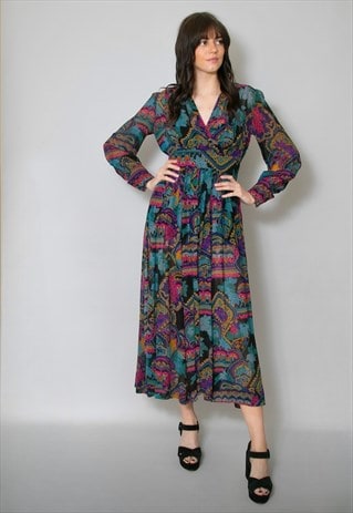 70'S VINTAGE BLACK BELL SLEEVE MULTI PRINT MIDI DRESS