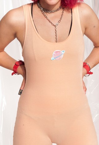 VINTAGE CATSUIT 90S REWORKED PLANET PATCH JUMPSUIT LEOTARD
