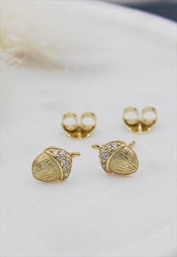 Small Gold plated & cubic zirconia Acorn Stud Earrings