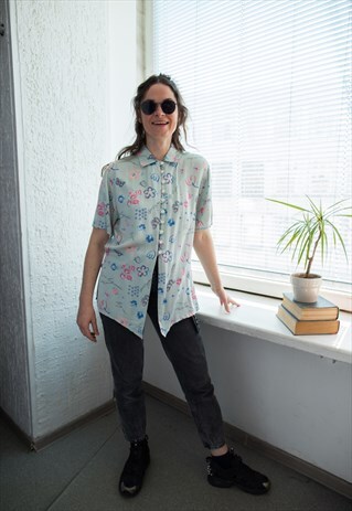 VINTAGE 80'S MINT FLORAL PRINT SHORT SLEEVED BLOUSE