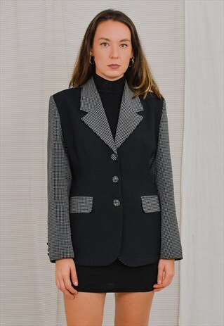 BLACK GRAY BLAZER CHECKERED TAIL COAT VINTAGE 90'S JACKET L