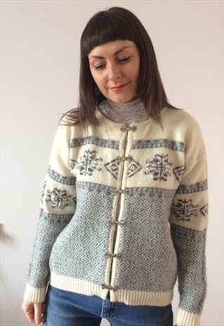 VINTAGE 70S NORDIC CREAM & GREY KNIT CARDIGAN