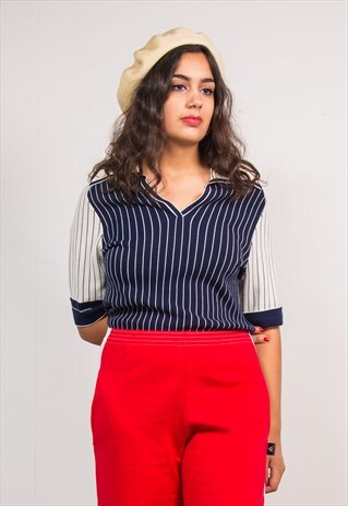 VINTAGE 70'S SAILOR STRIPED V-NECK KNIT TOP