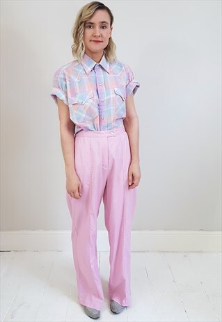 VINTAGE 70'S PASTEL LILAC GINGHAM LONG TUNIC SHIRT