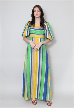 70's Vintage  Multi Coloured Folk Short Sleeve Maxi Dress