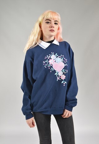 VINTAGE NAVY BLUE GINGHAM HEART SWEATER