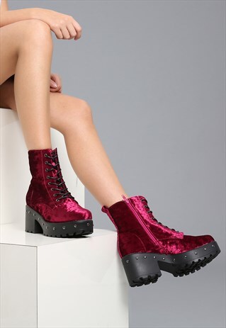 BURGUNDY WINE STUDDED MILITARY CRUSHED VELVET PLATFORM BOOTS