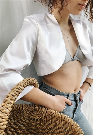 VINTAGE 90S SEXY SATIN OPEN FRONT CROPPED JACKET BLOUSE TOP