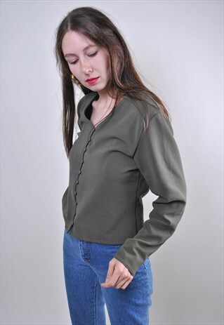 90S VINTAGE GREEN WOMAN DEEP V NECK MINIMALIST BLOUSE