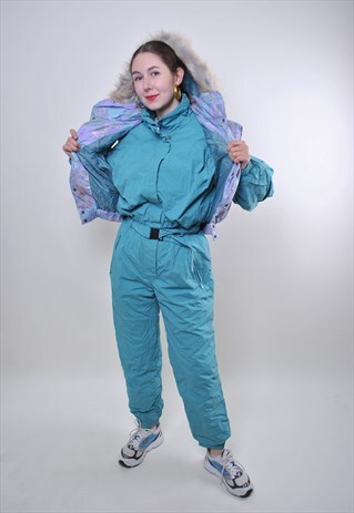 GREEN WOMAN SKI SUIT, VINTAGE HOODED SNOW SUIT WITH GILET