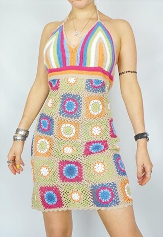 90S Y2K VINTAGE CROCHET KNIT DRESS / RAINBOW / BEACH 00S