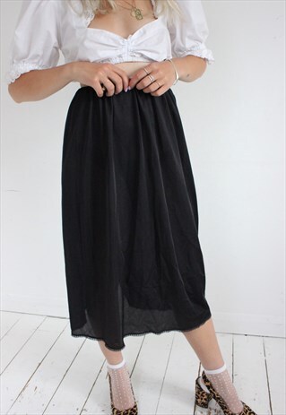 VINTAGE 90S BLACK LACE TRIM SLIP UNDER SKIRT