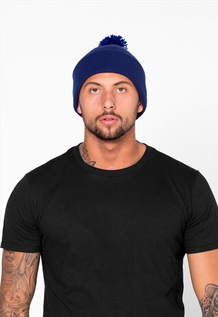 ESSENTIAL BOBBLE POM POM CUFFED BEANIE HAT - ROYAL BLUE
