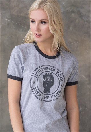 NORTHERN SOUL KEEP THE FAITH RINGER TEE T SHIRT RETRO LOGO