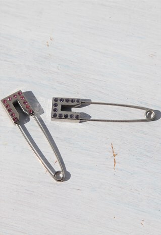 Set 2 big silver tone/glass crystals pins,safety pins,brooch