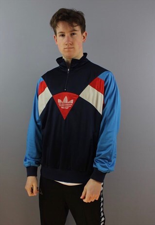 VINTAGE ADIDAS 1/4 ZIP WINDBREAKER IN NAVY WITH PRINTED LOGO
