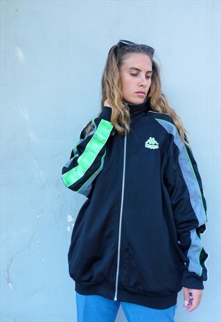 VINTAGE KAPPA BANDA TRACK JACKET IN BLACK AND NEON GREEN