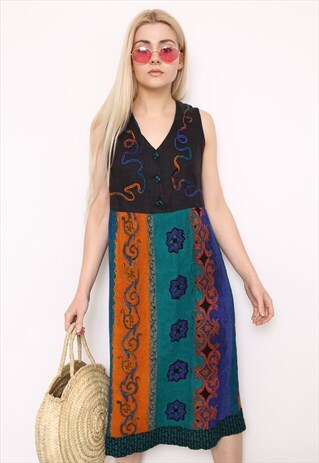 VINTAGE 90S BOHO PRINT SUMMER MIDI DRESS