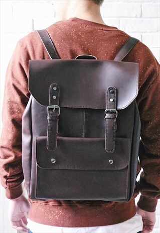FOLDOVER LEATHER-LOOK BACKPACK - BROWN