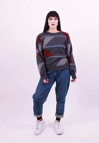 VINTAGE 80'S BLUE CRAZY PATTERN JUMPER SIZE MEDIUM UNISEX