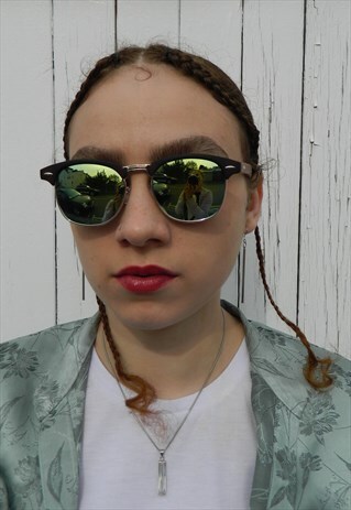 GREEN YELLOW REFLECTIVE WOODEN FRAME SUNGLASSES
